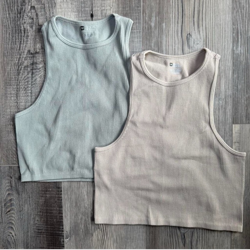 Ribbed Sleeveless Crop Tops - Green and Beige